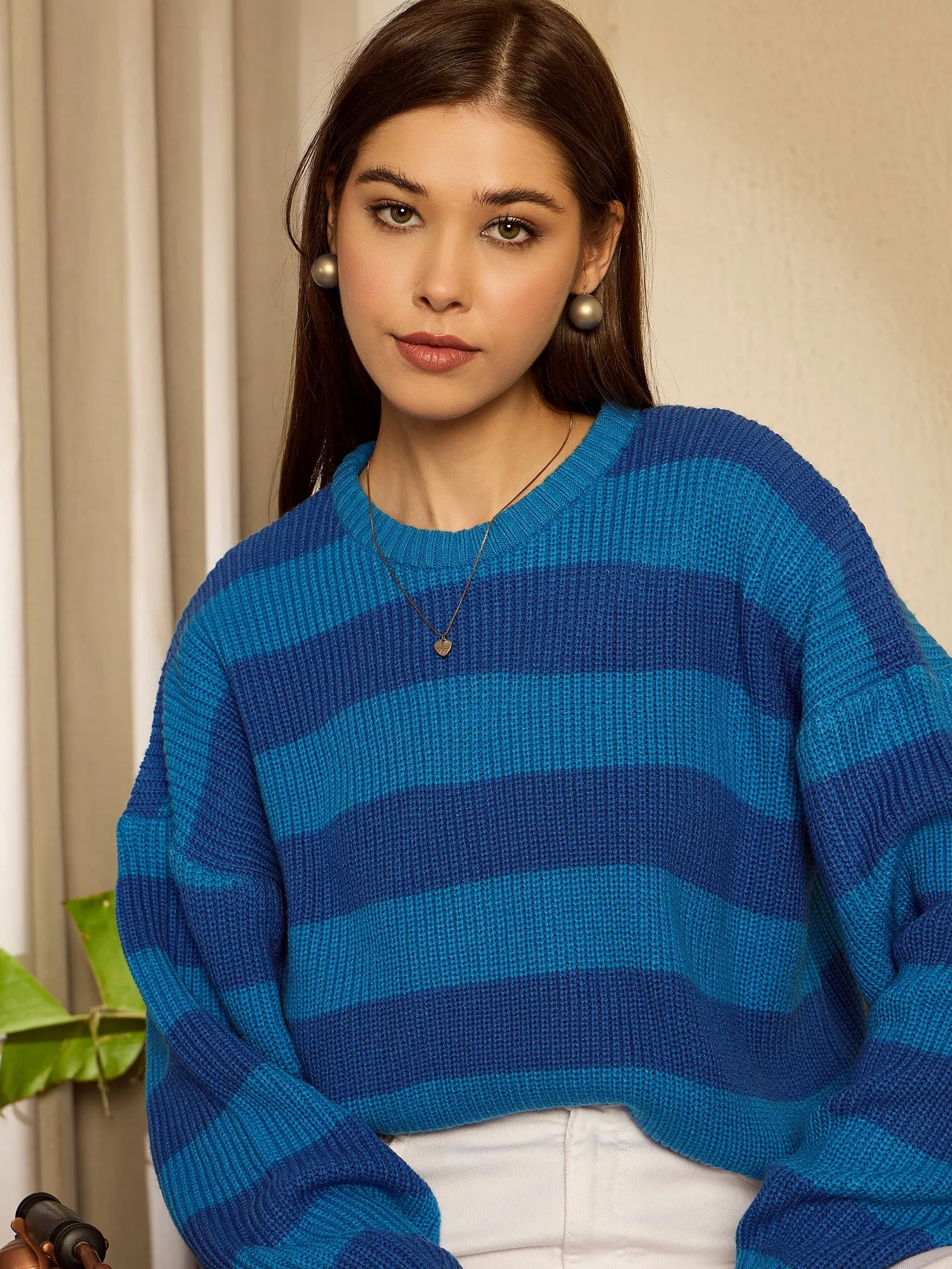 Berrylush Women Blue Striped Round Neck Full Sleeve Regular Knitted Pullover